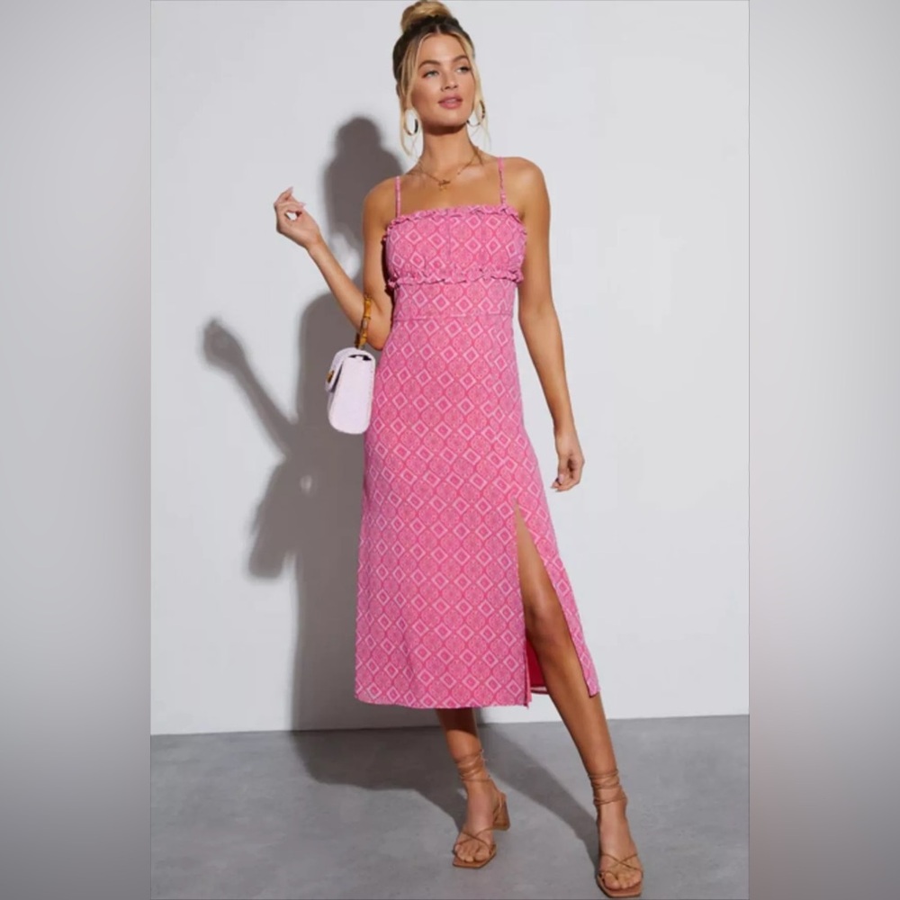 VICI Ruffle Geo Print Dress With Front Slit